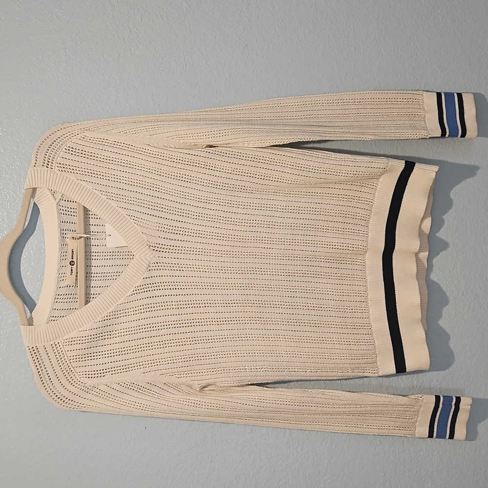 Tory Burch Tory Sport Cream V-Neck Sweater sz L  with Blue Accents - Picture 2 of 9